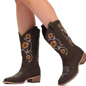 Cowboy Boots for Women - Mid Calf Western Sunflower Cowgirl Boots with Floral